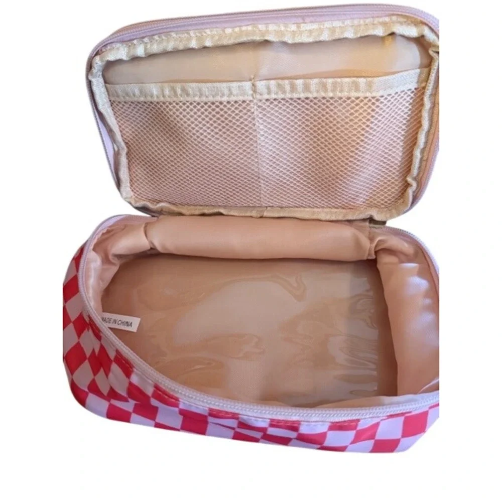 Pink White‎ Checkerboard Relavel Makeup Bag Travel Toiletry Organizer Pouch